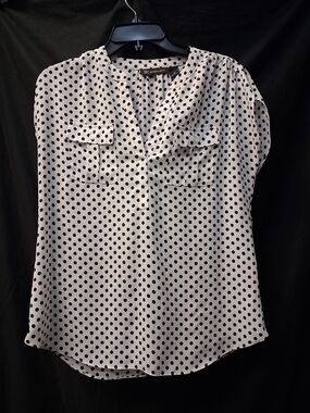 INC International Concepts White and Black Polka Dot Split-Neck Blouse